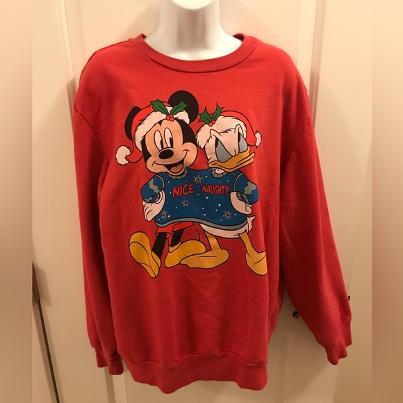 DISNEY Mickey Donald Duck Sweatshirt Naughty Nice Christmas Size XL Adult Red - Picture 1 of 6